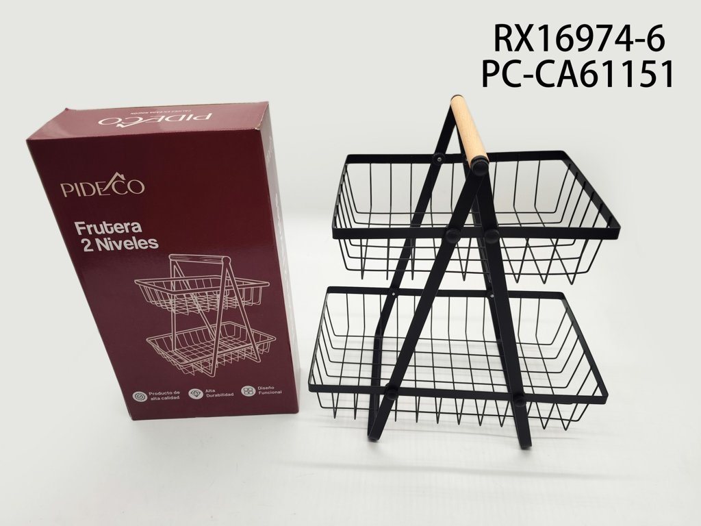 [PC-CA61151] Frutera Doble Metálico Mango Madera 2 Niveles